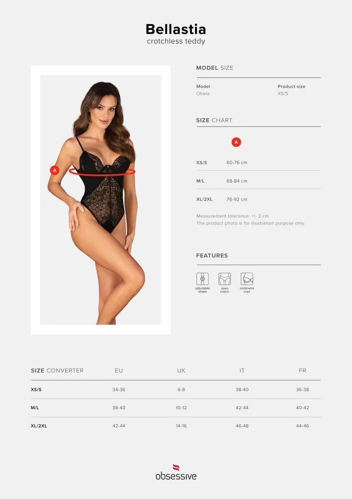 Bellastia nyitott aljú teddy – elegáns csipke body M/L