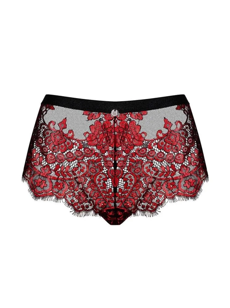 Obsessive Redessia csipkés shorties – fekete-piros, S/M