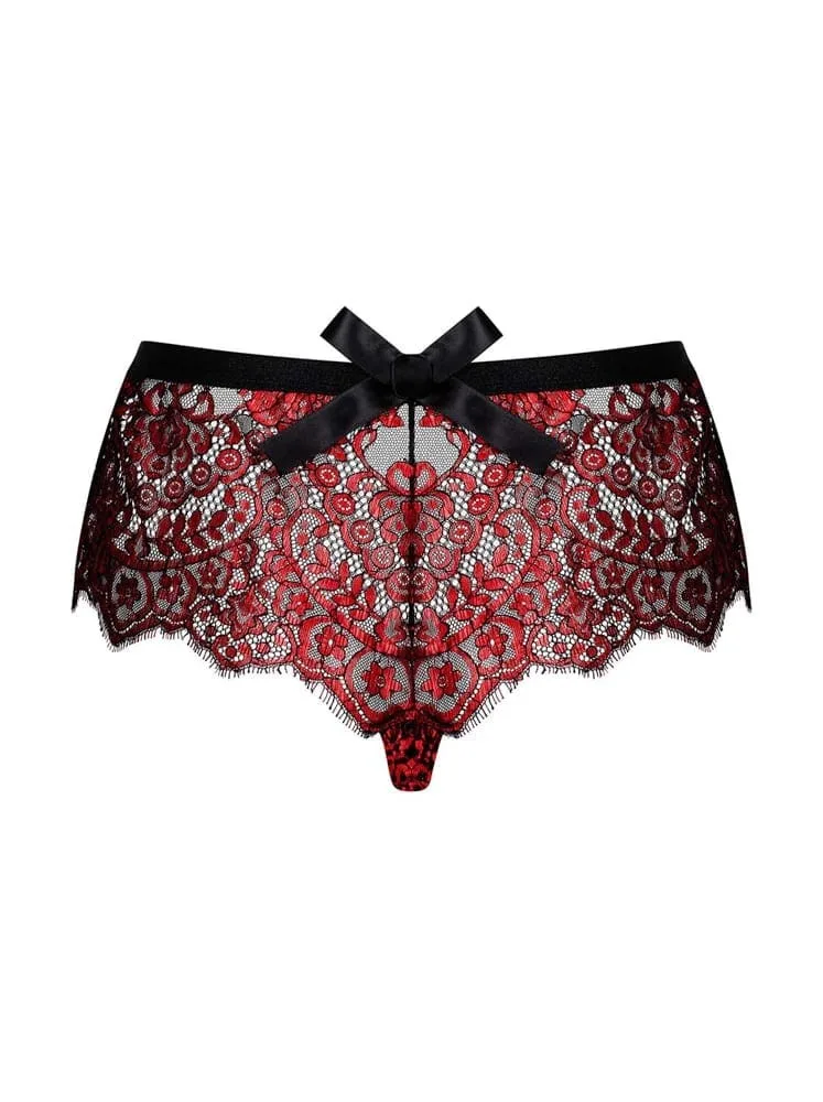 Obsessive Redessia csipkés shorties – fekete-piros, S/M