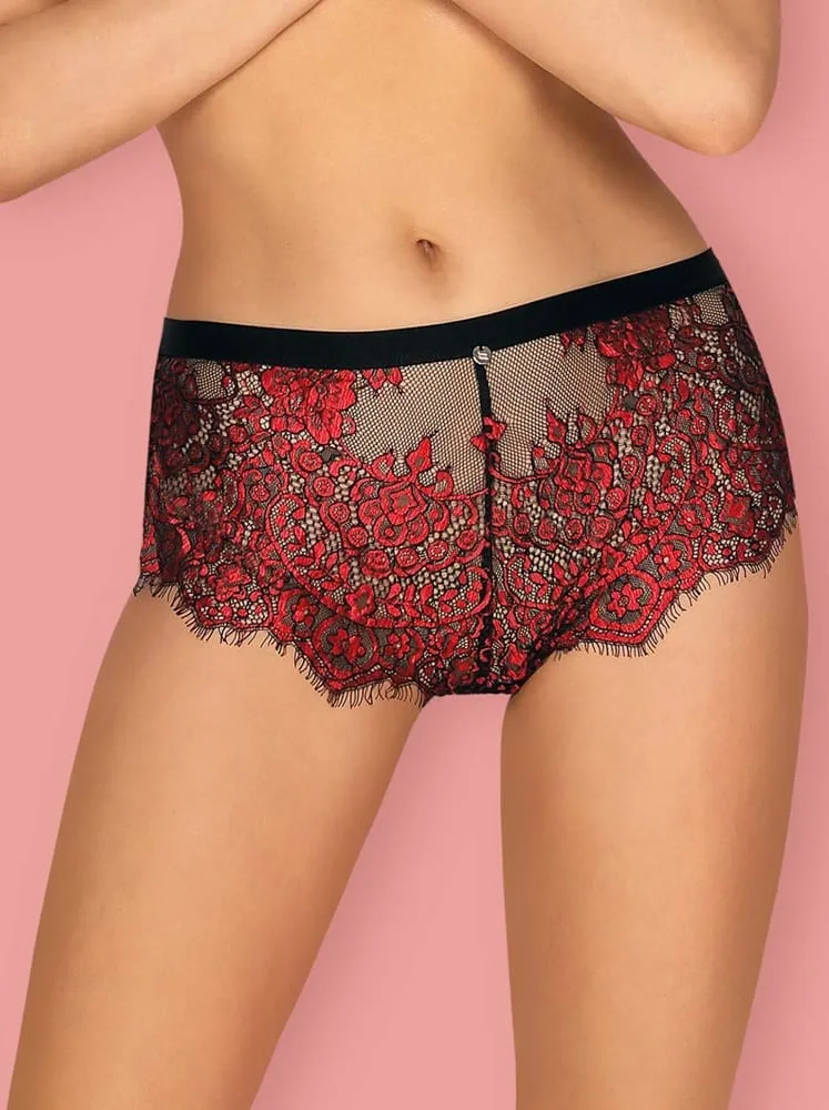 Obsessive Redessia csipkés shorties – fekete-piros, S/M