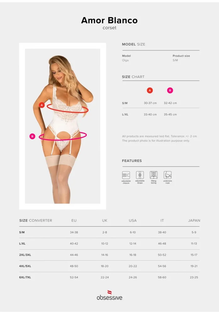 Obsessive Amor Blanco fehér fűző merevítős kosárral és tangával L/XL