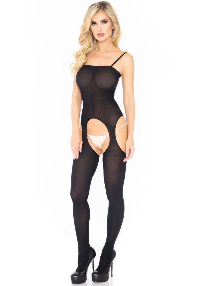 Leg Avenue fekete fedett bodystocking harisnyatartóval – egy méret