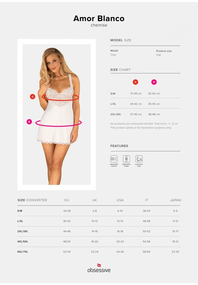 Obsessive Amor Blanco fehér melltartós chemise & tanga szett S/M