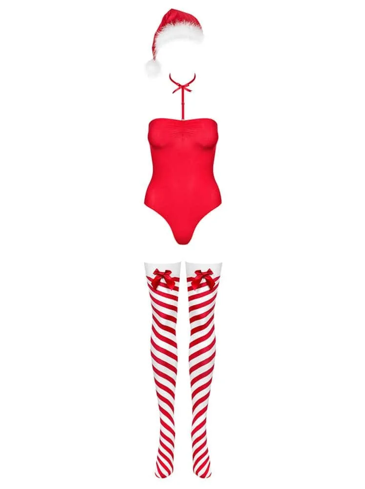 Obsessive Kissmas piros-fehér teddy body L/XL – ünnepi csábítás