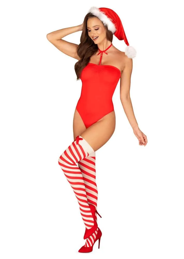Obsessive Kissmas piros-fehér teddy body L/XL – ünnepi csábítás