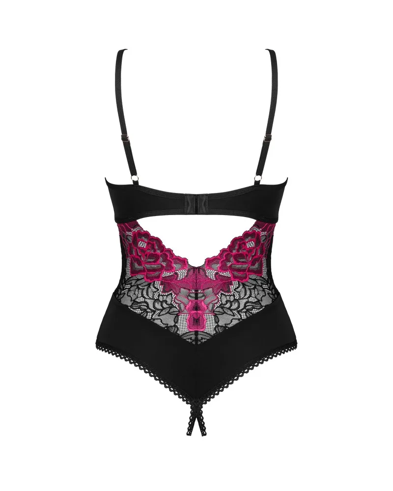 Obsessive Rosenty nyitott aljú body – bordó és fekete, XS/S