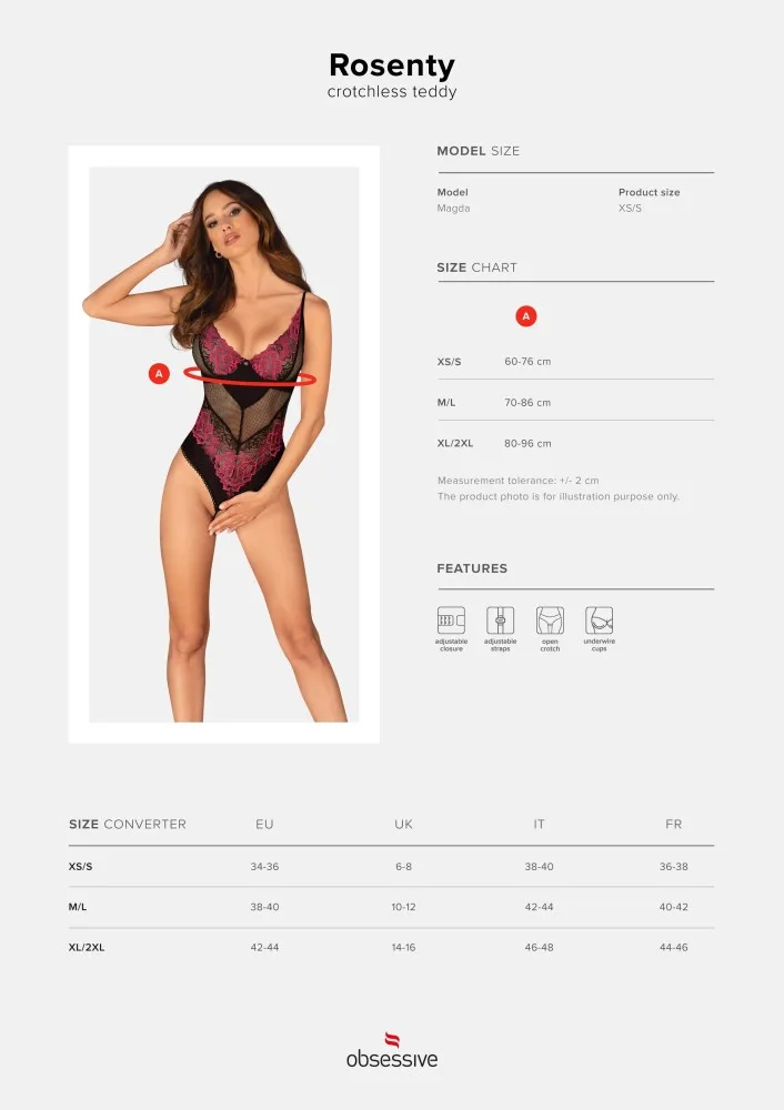 Obsessive Rosenty nyitott aljú body – bordó és fekete, XS/S