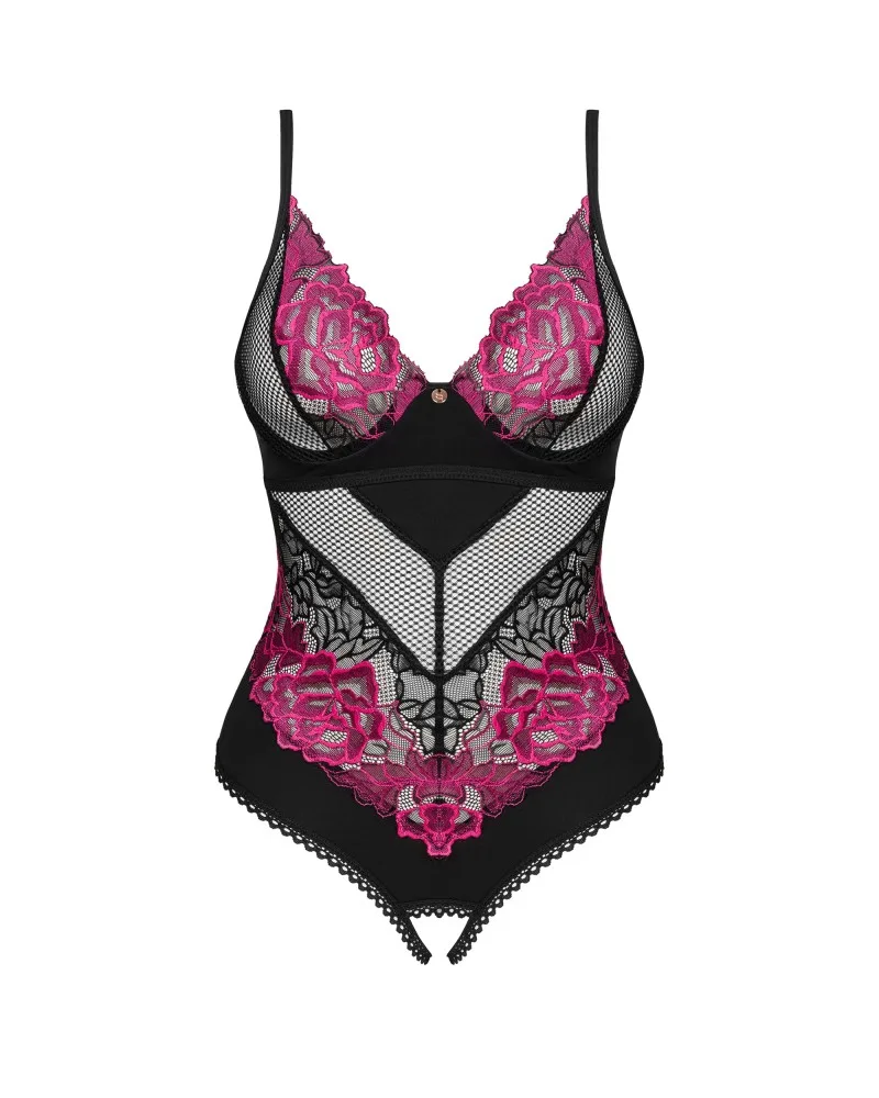 Obsessive Rosenty nyitott aljú body – bordó és fekete, XS/S