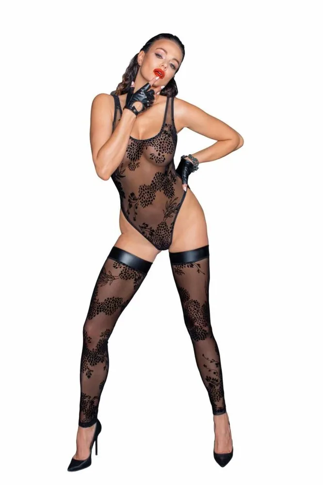 Noir Handmade tüll body mintás flokk hímzéssel – elegáns fekete, XL