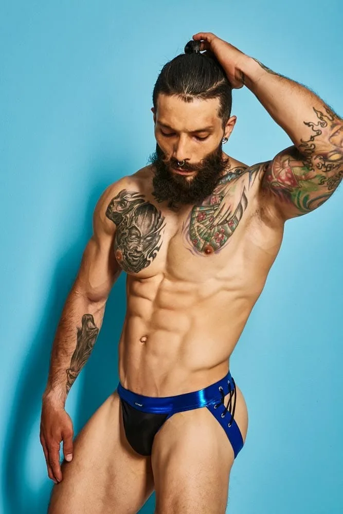 Cut4Men Desire Jockstrap – kék műbőr férfi alsó (M)