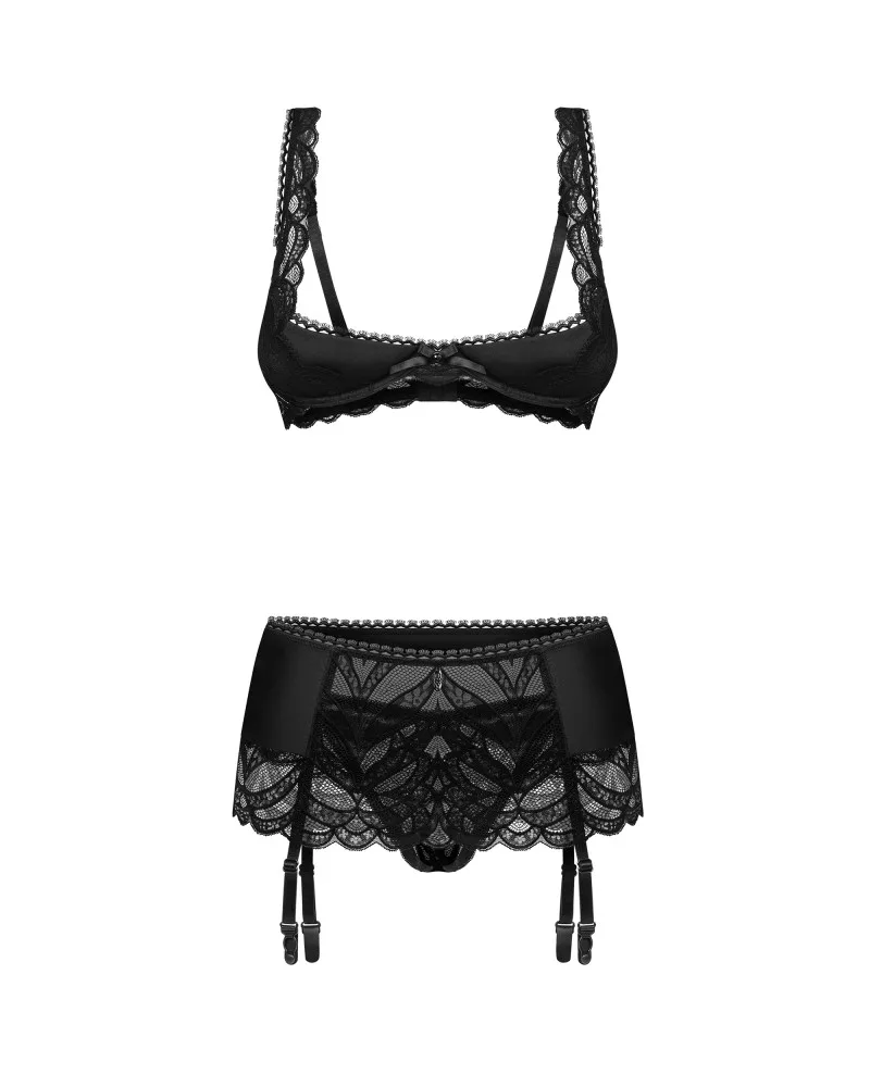 Obsessive Lecille 3 részes nyitott bugyi szett – fekete, S/M